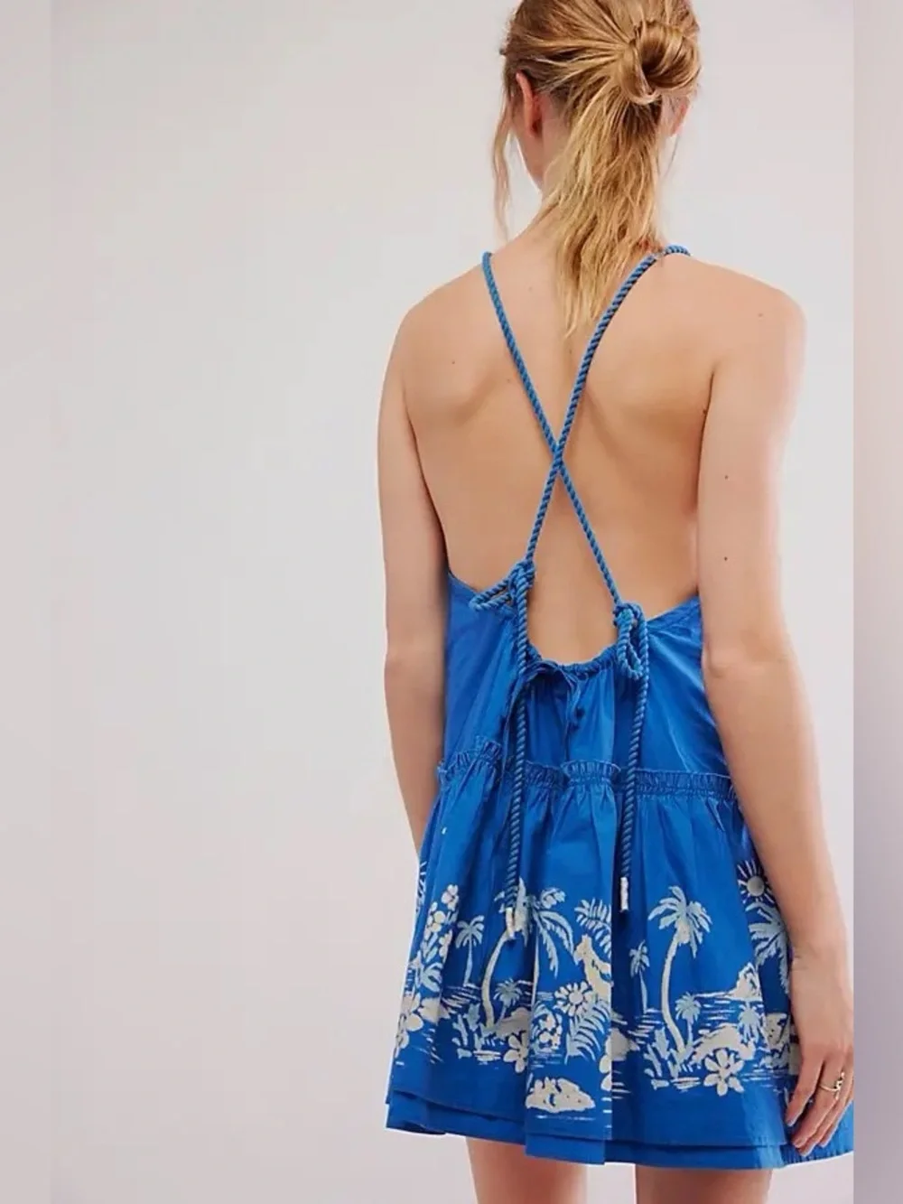 Free People Blue Indigo Deserted Island Mini Dress with Pockets Size Extra Small